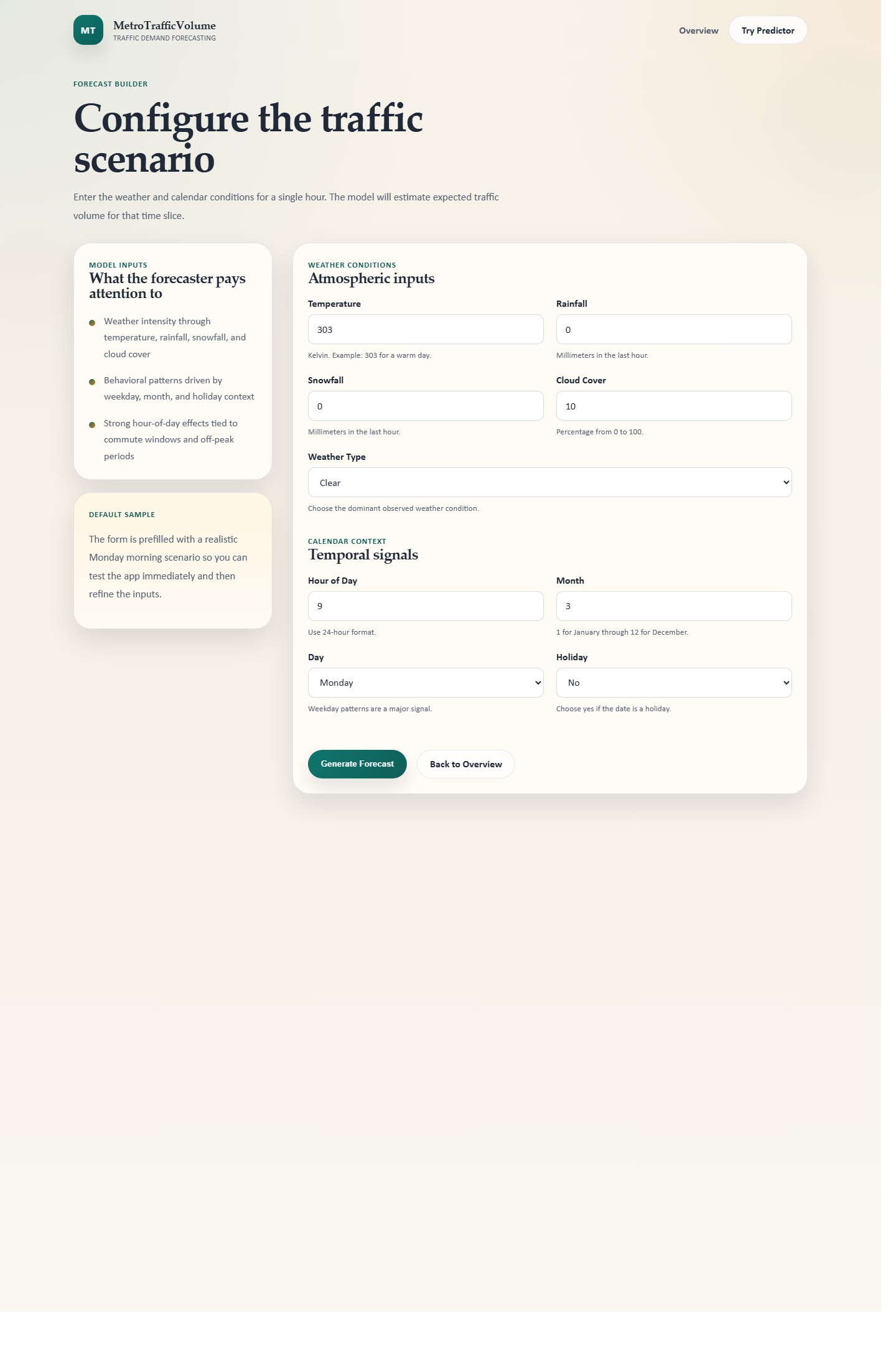 Forecast form with weather and time inputs